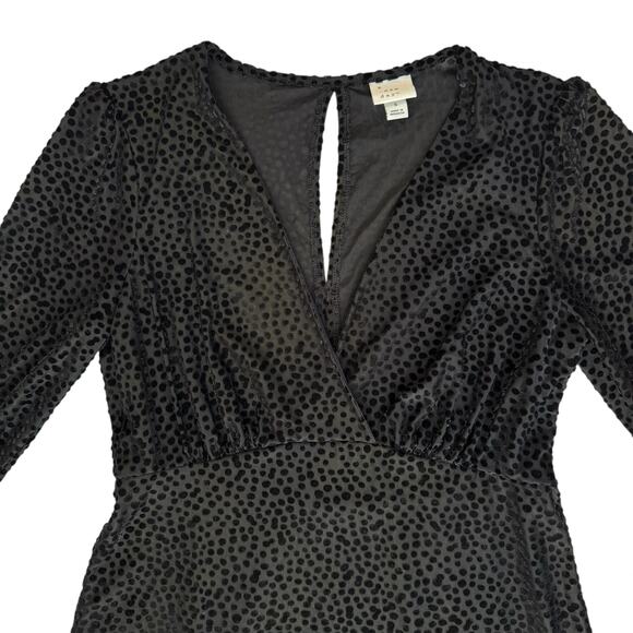 Fit & Flare Black Dress Small Faux Wrap Long Sleeves Burnout Velvet Polka Dot - Picture 7 of 15